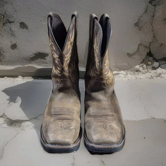 Justin Stampede Brown Leather Square Toe Western Cowboy Boots Mens Size 9.5 EE